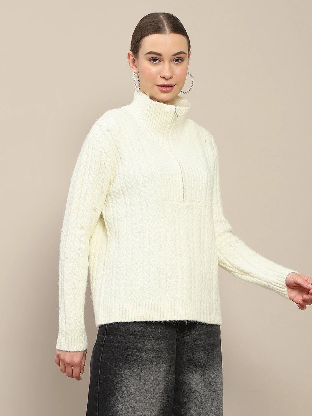 Essential Fashion Versatile Stretch Madame Half Zipper Collared Off White Sweater