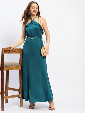 Madame Halter Neck Metal Accented Belt Teal Maxi Dress Recycled-Material High low hem