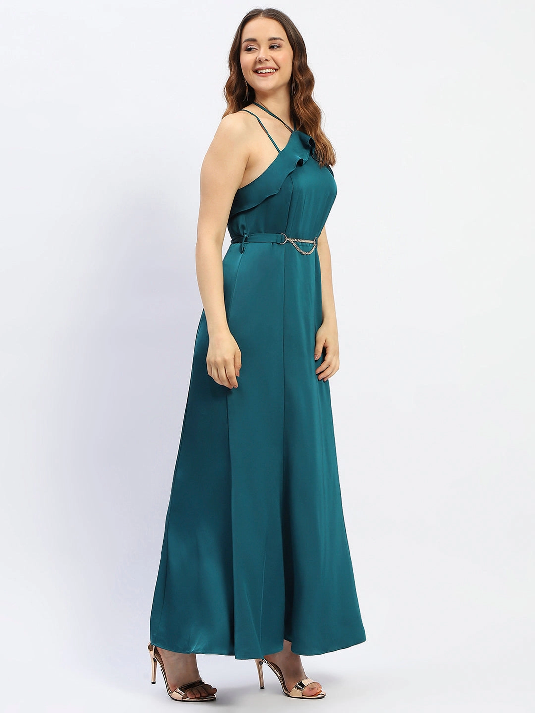 Waist-Cinching Subtle Glow Madame Halter Neck Metal Accented Belt Teal Maxi Dress