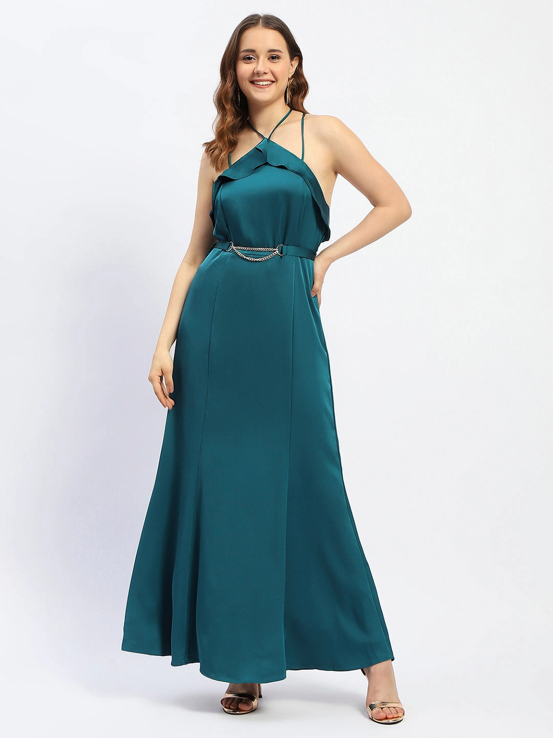Madame Halter Neck Metal Accented Belt Teal Maxi Dress Urban Line Stylish Silhouette