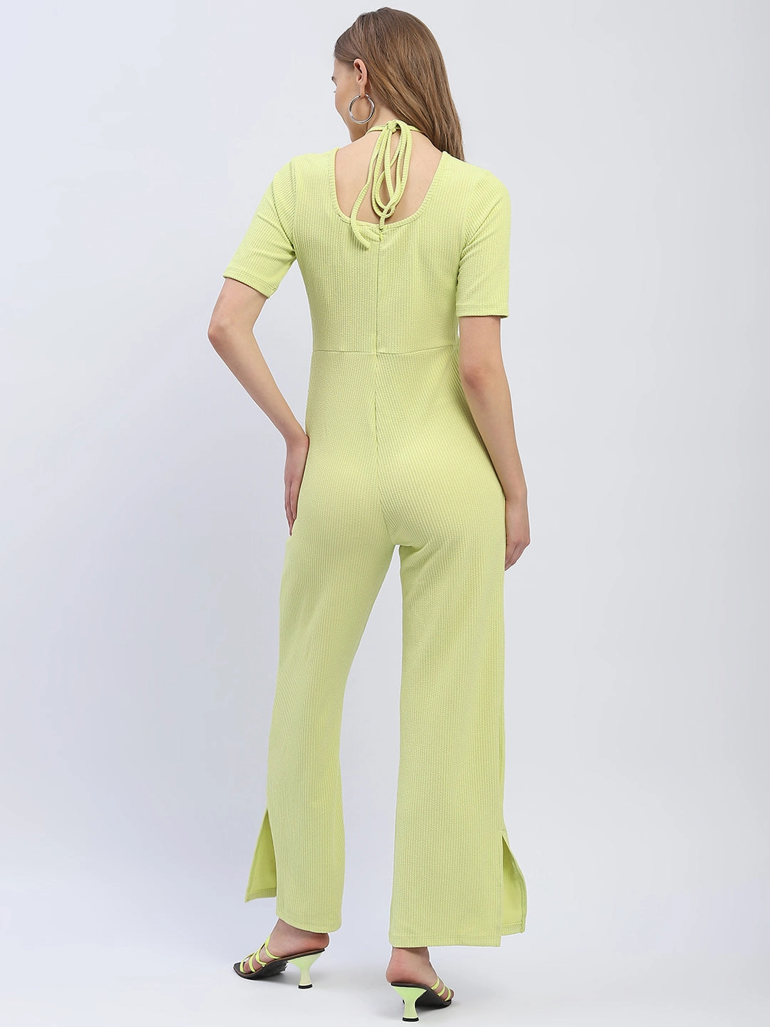 Lightweight-Layer Madame Halter Neck Neon Green Ribbed Jumpsuit