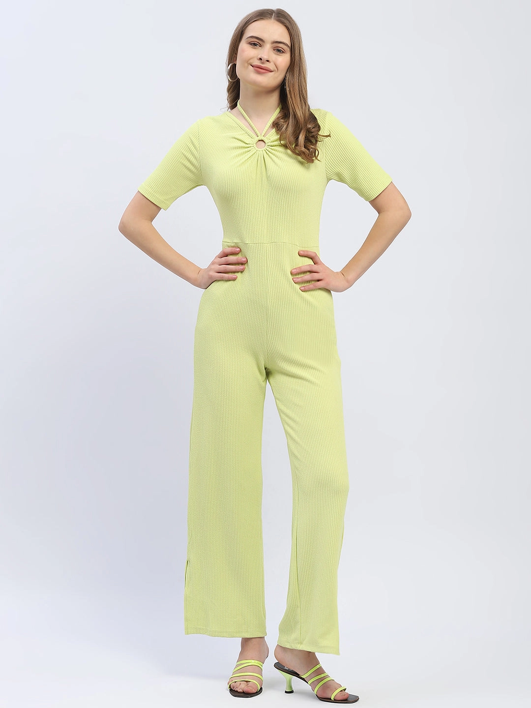 Lunch Date Madame Halter Neck Neon Green Ribbed Jumpsuit