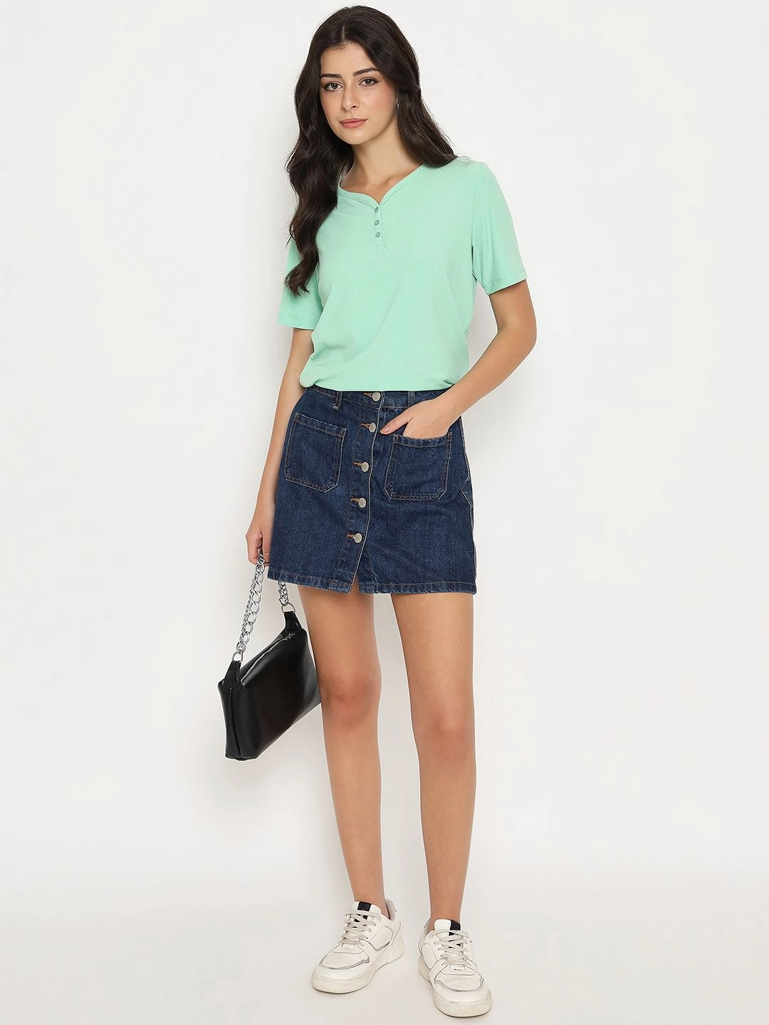 Madame Henley Neck Solid Green T-Shirt Beach Outfit All-Season Comfort Wear