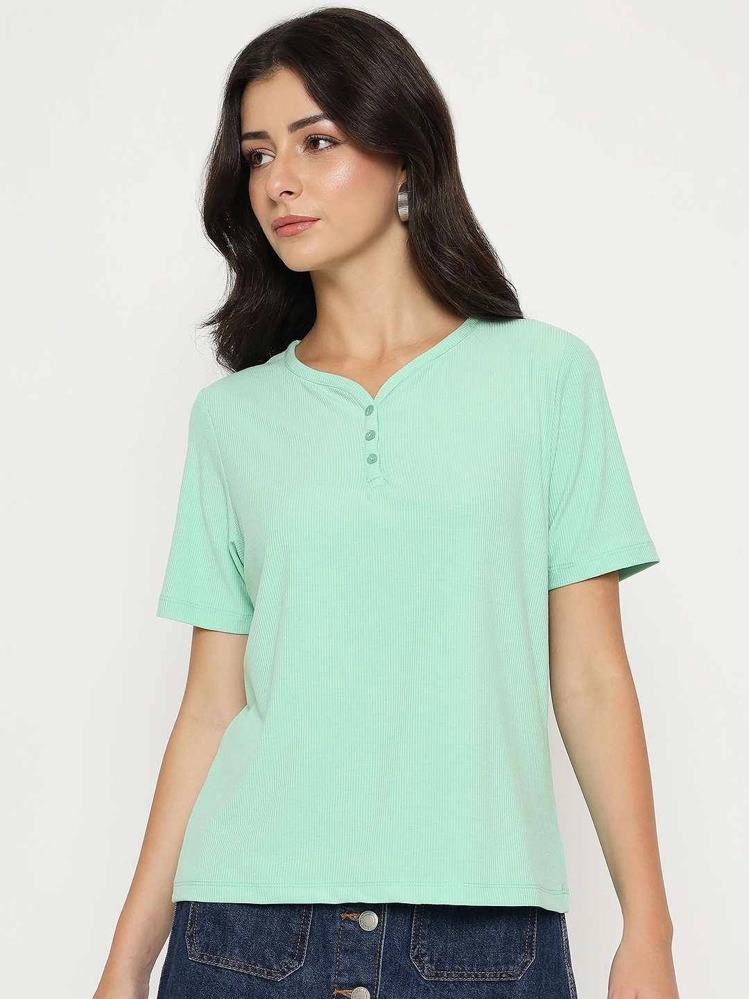 Essential Style Wear Madame Henley Neck Solid Green T-Shirt