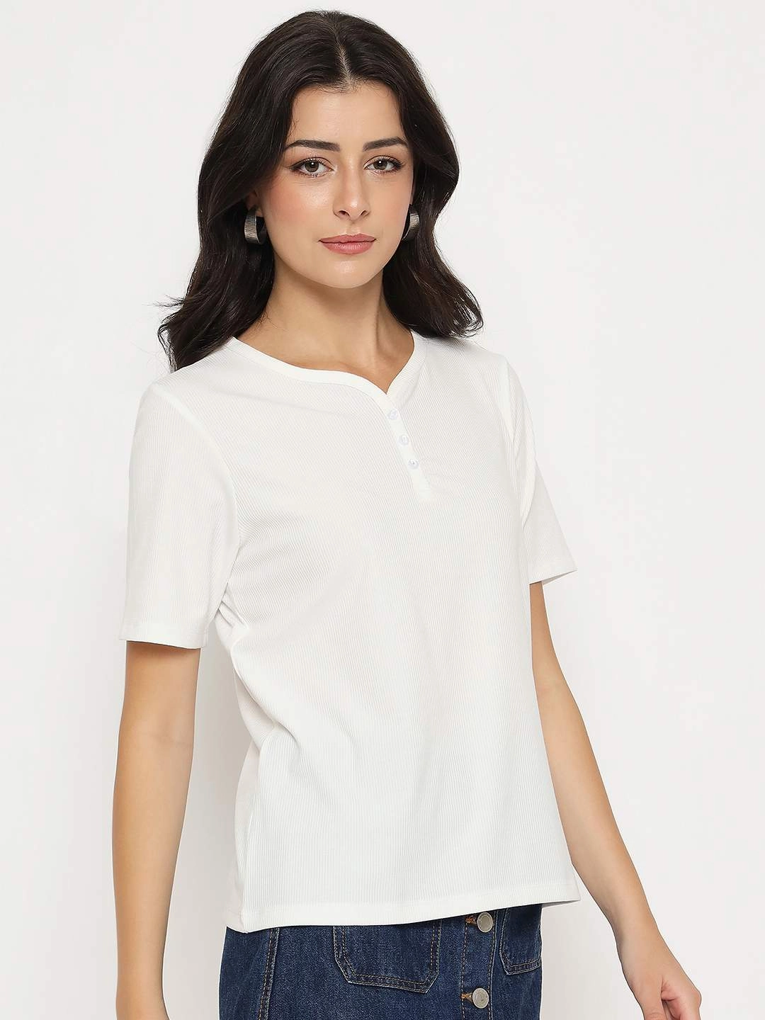 Soft Layer Madame Henley Neck Solid White T-Shirt