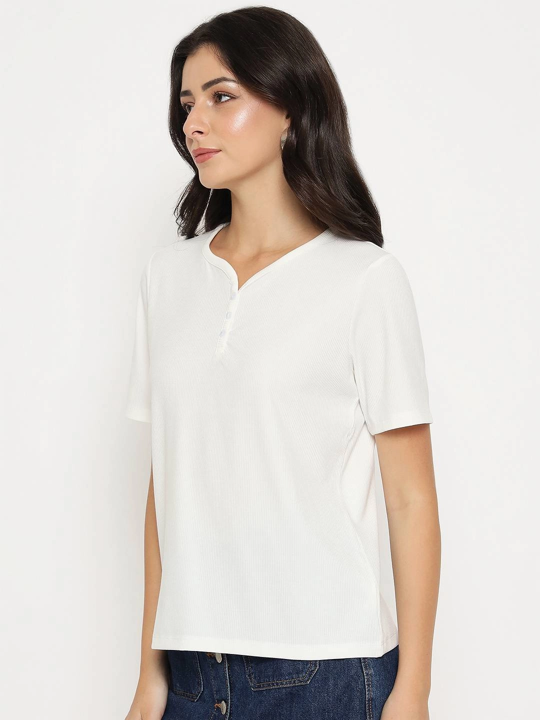 Madame Henley Neck Solid White T-Shirt Slim Comfort