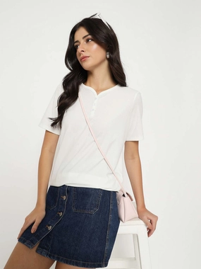 Madame Henley Neck Solid White T-Shirt Embroidered Details Casual Layer Look