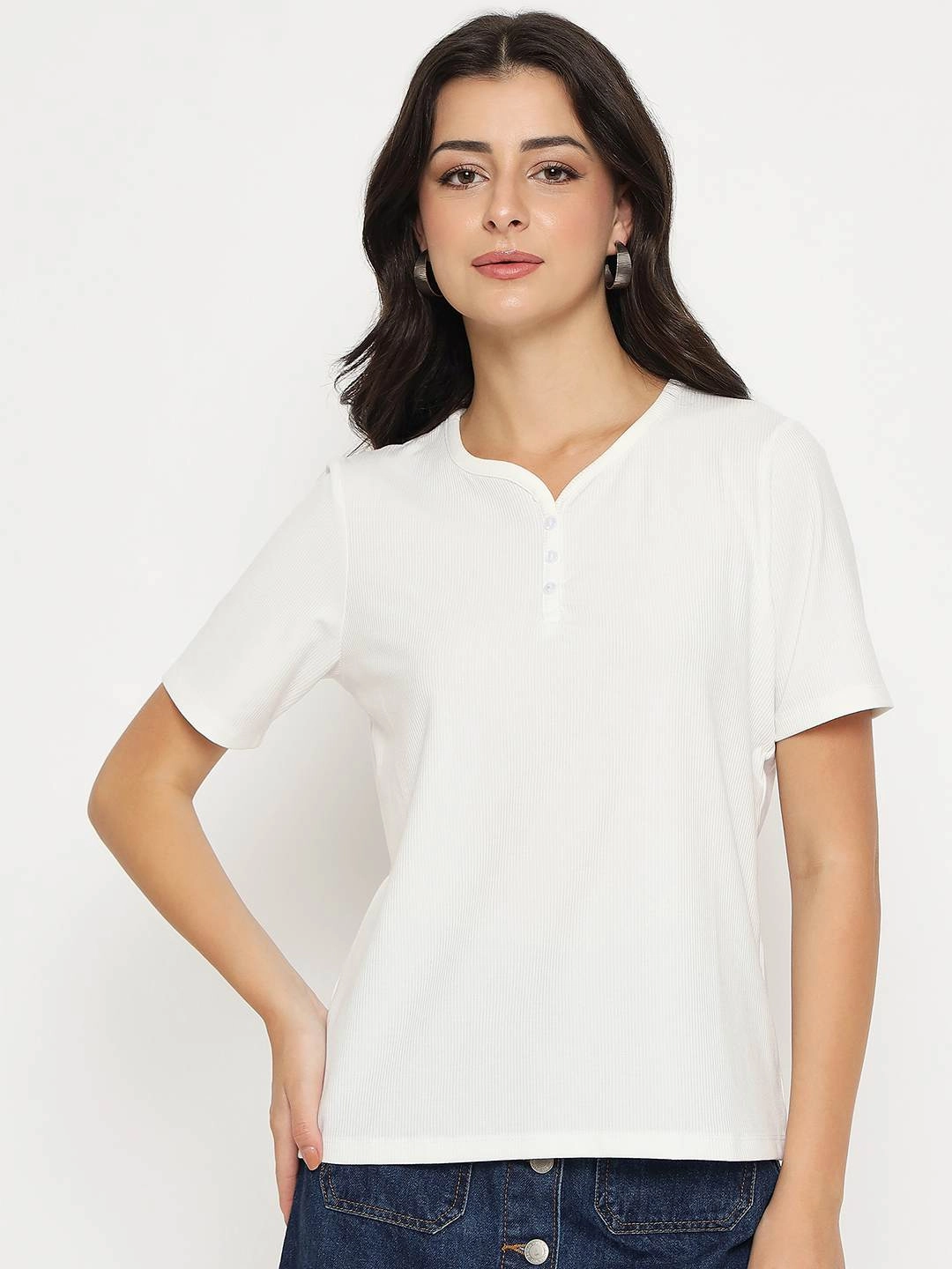 Madame Henley Neck Solid White T-Shirt Pilling Resistant Finish
