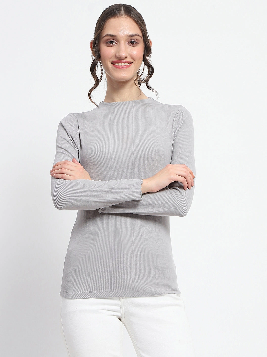 Madame High Neck Full Sleeve Solid Grey Top 3D Spacer Fabric High Density Weave