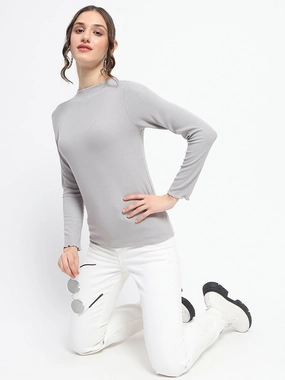 Yarn Dyed Pattern Cloth Madame High Neck Full Sleeve Solid Grey Top