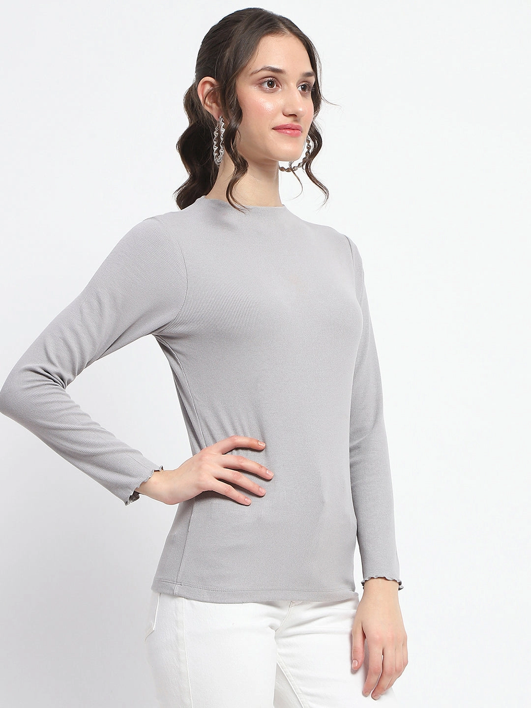 TemperatureRegulating Material BreathableMaterial Madame High Neck Full Sleeve Solid Grey Top