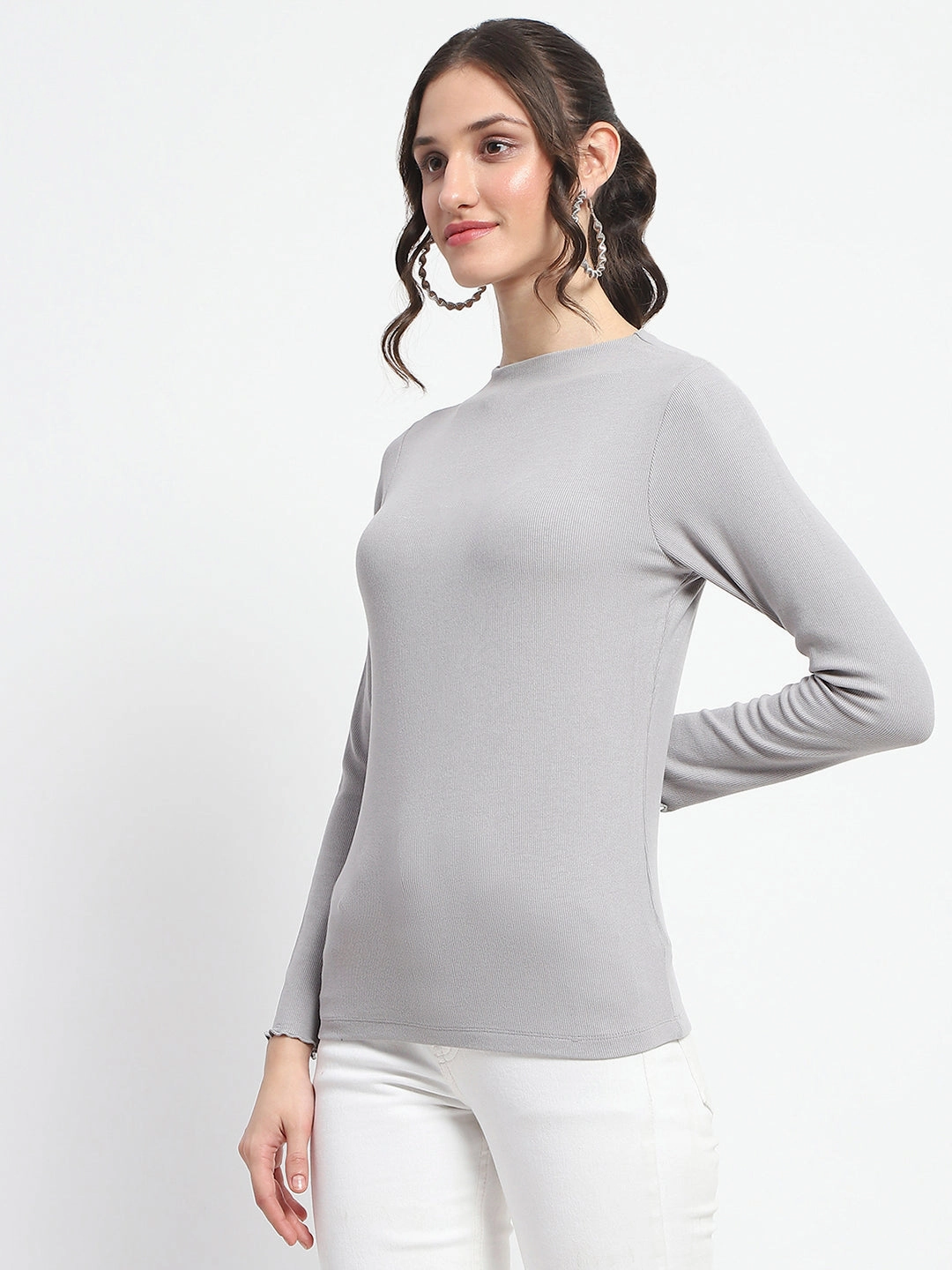 Street Style Madame High Neck Full Sleeve Solid Grey Top