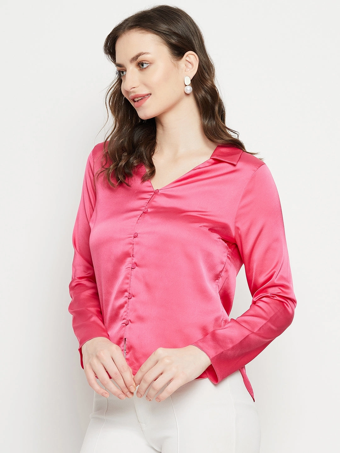Multi Functional Pockets Madame Hot-Pink Satin Shirt