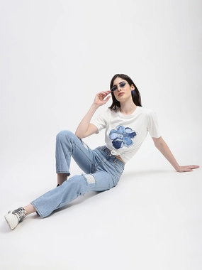 Festival Outfit Date Night Professional Wear Fits Everyone Madame Ice Blue Ripped Flared Denim
