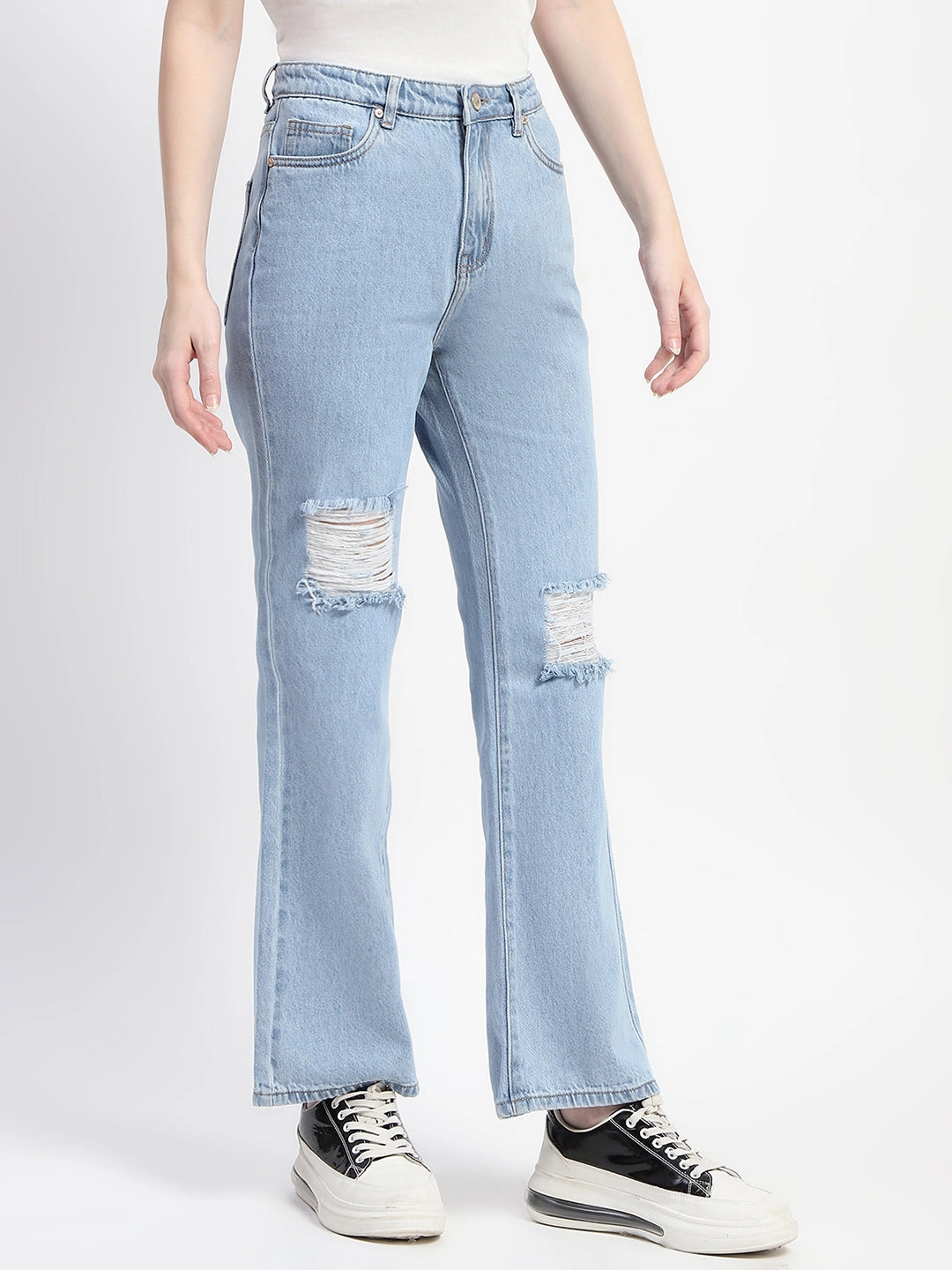 Madame Ice Blue Ripped Flared Denim High Quality Eco Friendly Cool Weather