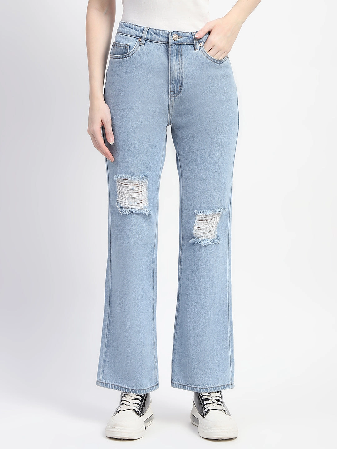 Madame Ice Blue Ripped Flared Denim Affordable Unisex Wear Popular Style