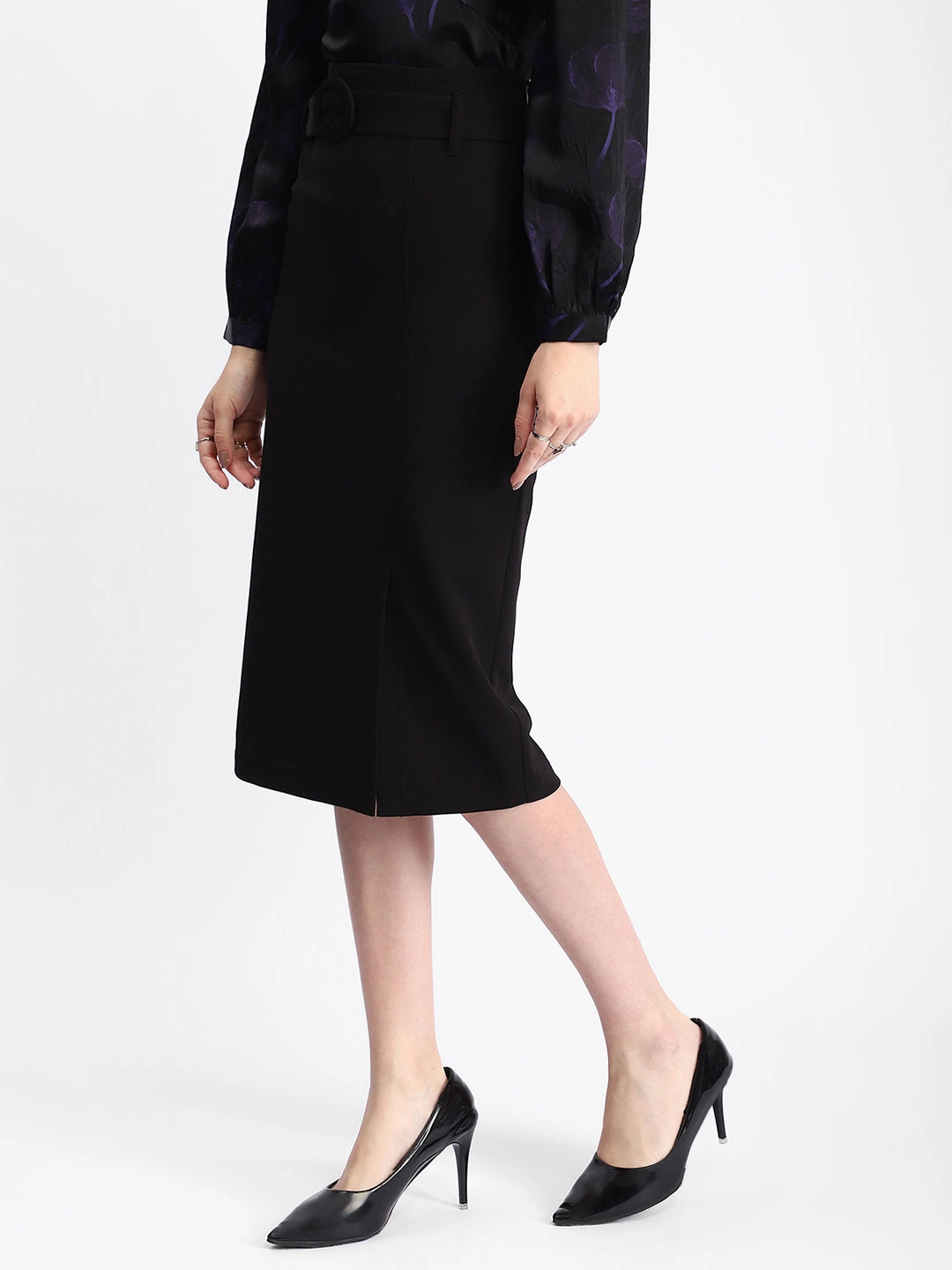 Smooth Feel A Line Cut Madame Knit Moss Embellished Buckle Black Skirt