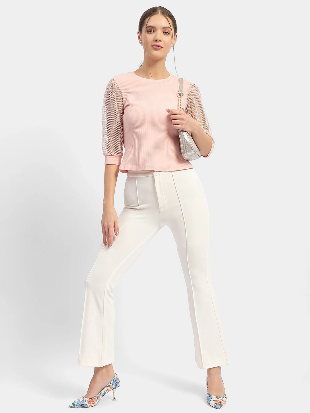 Madame Knit Sleeve Pink Regular Top CroppedLength