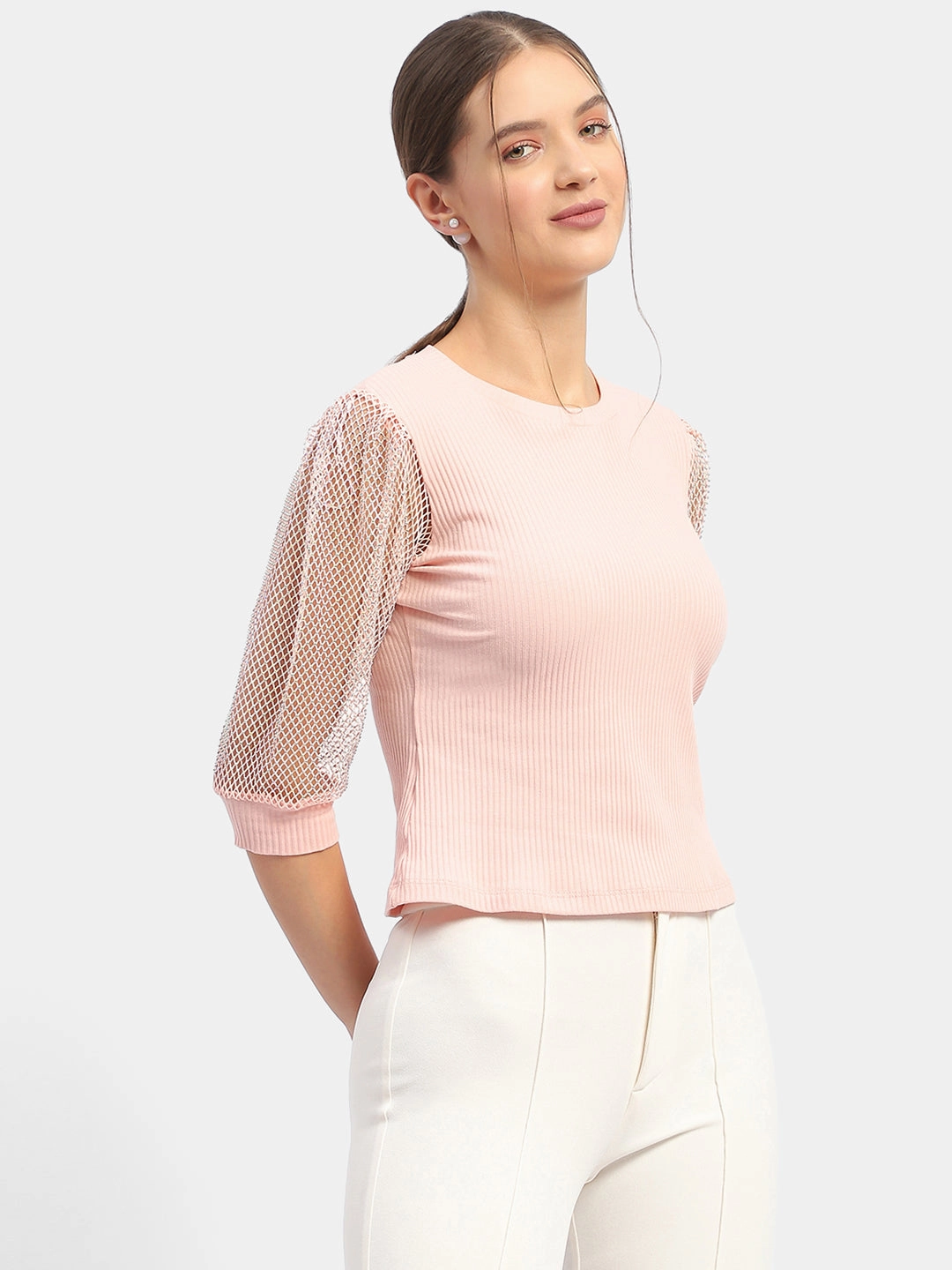 SoftTouchBrushedInterior Madame Knit Sleeve Pink Regular Top