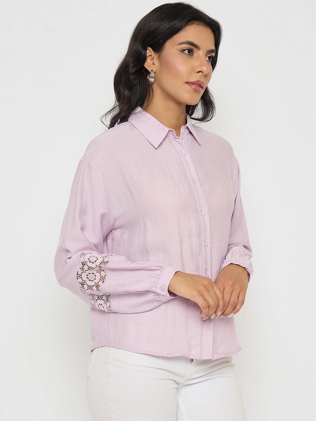Ruffle Edge Ombre look Madame Lace Detailed Lilac Nylon Blend Shirt