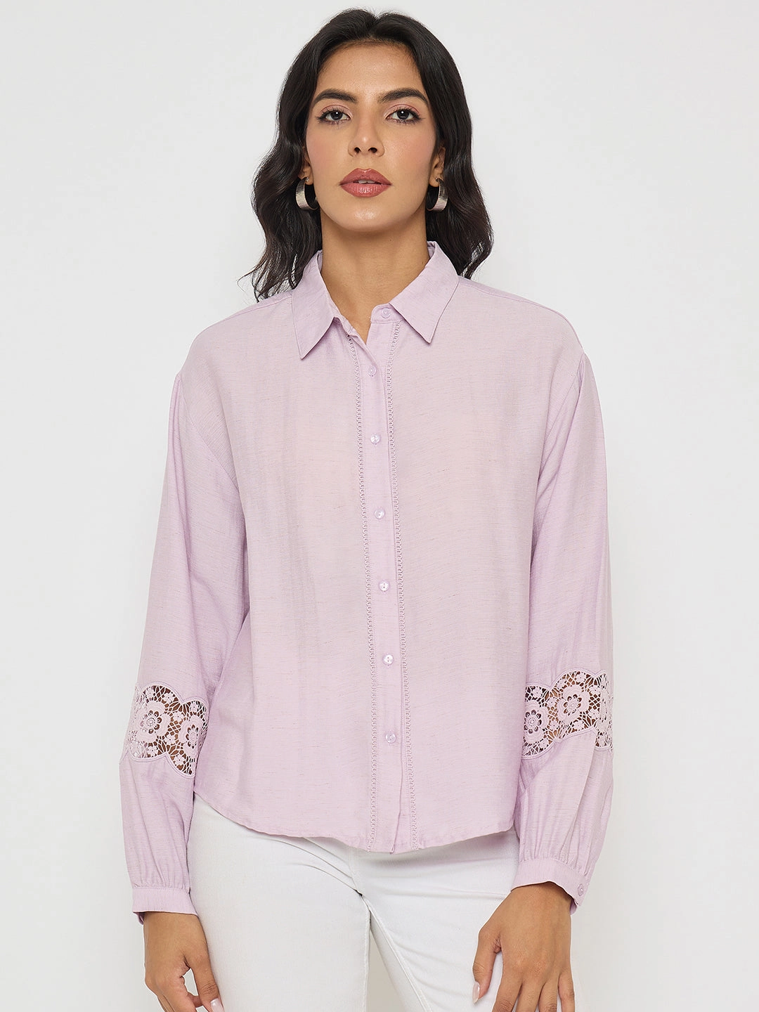 Chill Layer Smart Casual Madame Lace Detailed Lilac Nylon Blend Shirt