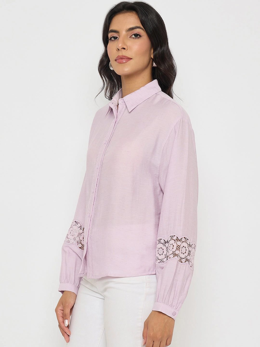 Unisex wear Madame Lace Detailed Lilac Nylon Blend Shirt