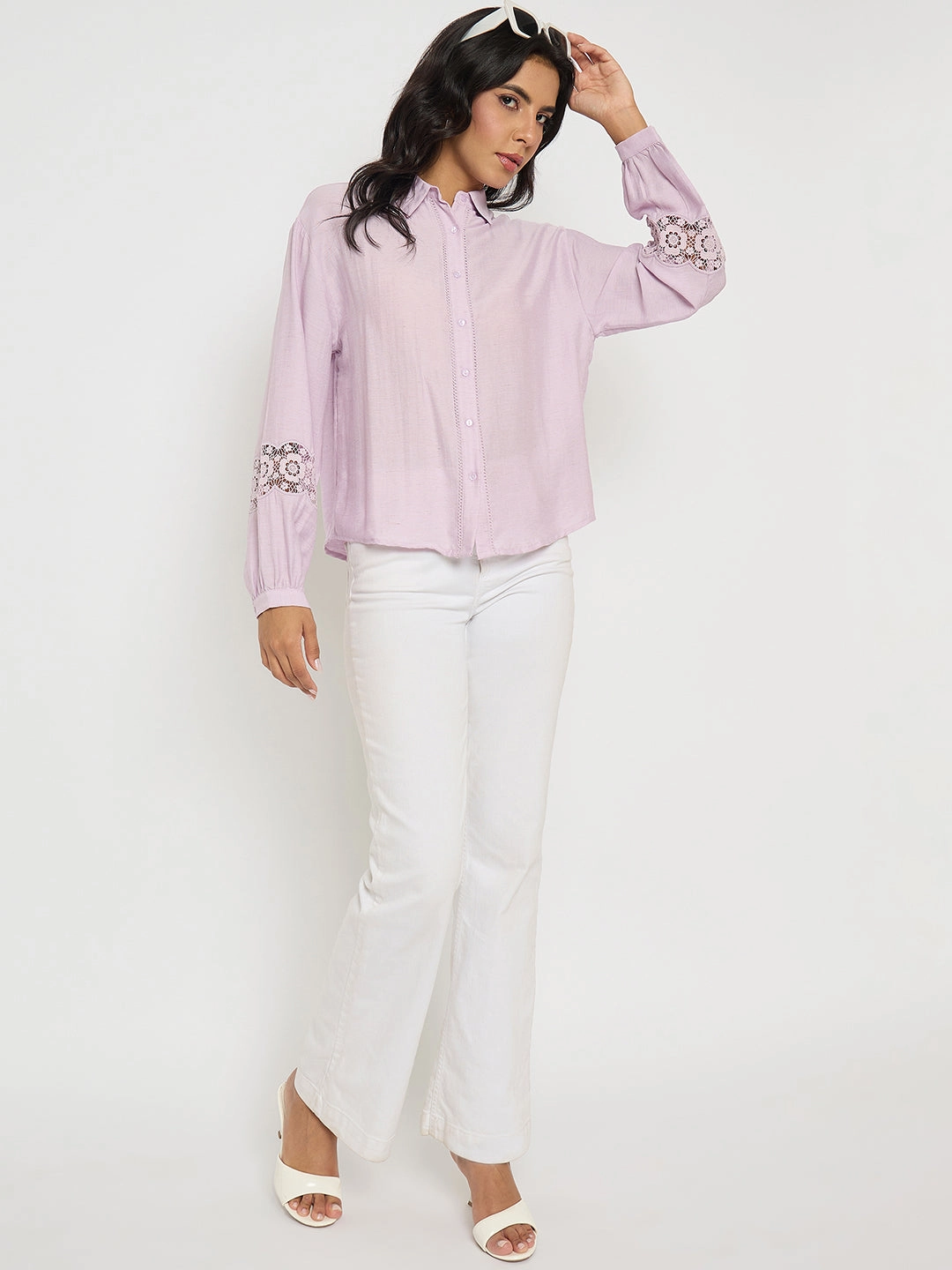 Formal Elegance Madame Lace Detailed Lilac Nylon Blend Shirt