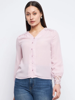 NoSlipGripperBand Ultraviolet Protection Fabric Madame Lace Detailed Onion Pink V-Neck Shirt