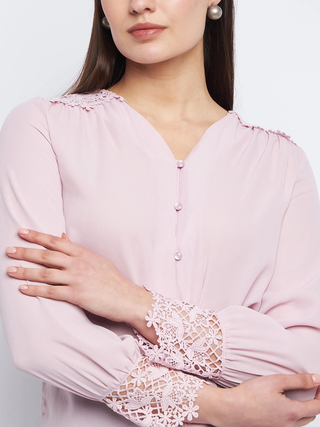 Madame Lace Detailed Onion Pink V-Neck Shirt LowImpact Dye Process