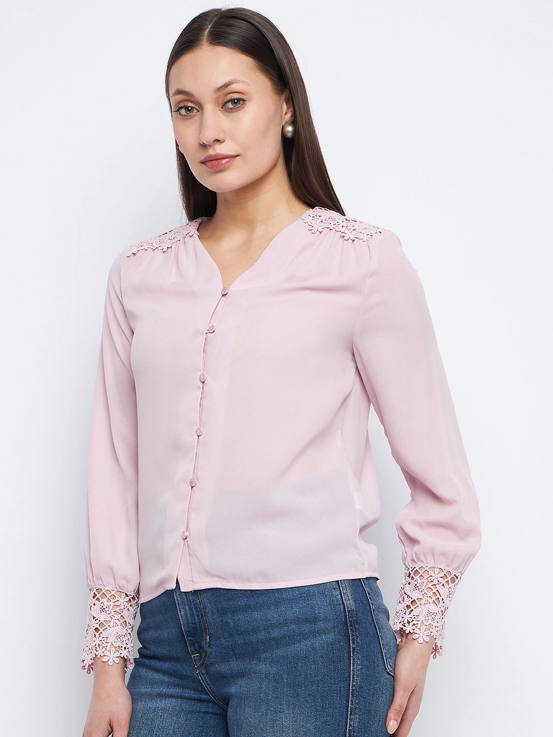 Madame Lace Detailed Onion Pink V-Neck Shirt Loose cut