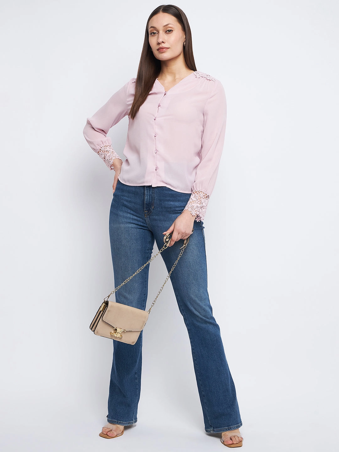 MultiLayer Stitching Madame Lace Detailed Onion Pink V-Neck Shirt