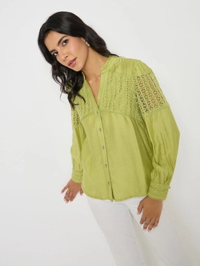 VNeck Style Non Irritating Seam Finish Madame Lace Detailed Pleated Front Green Top