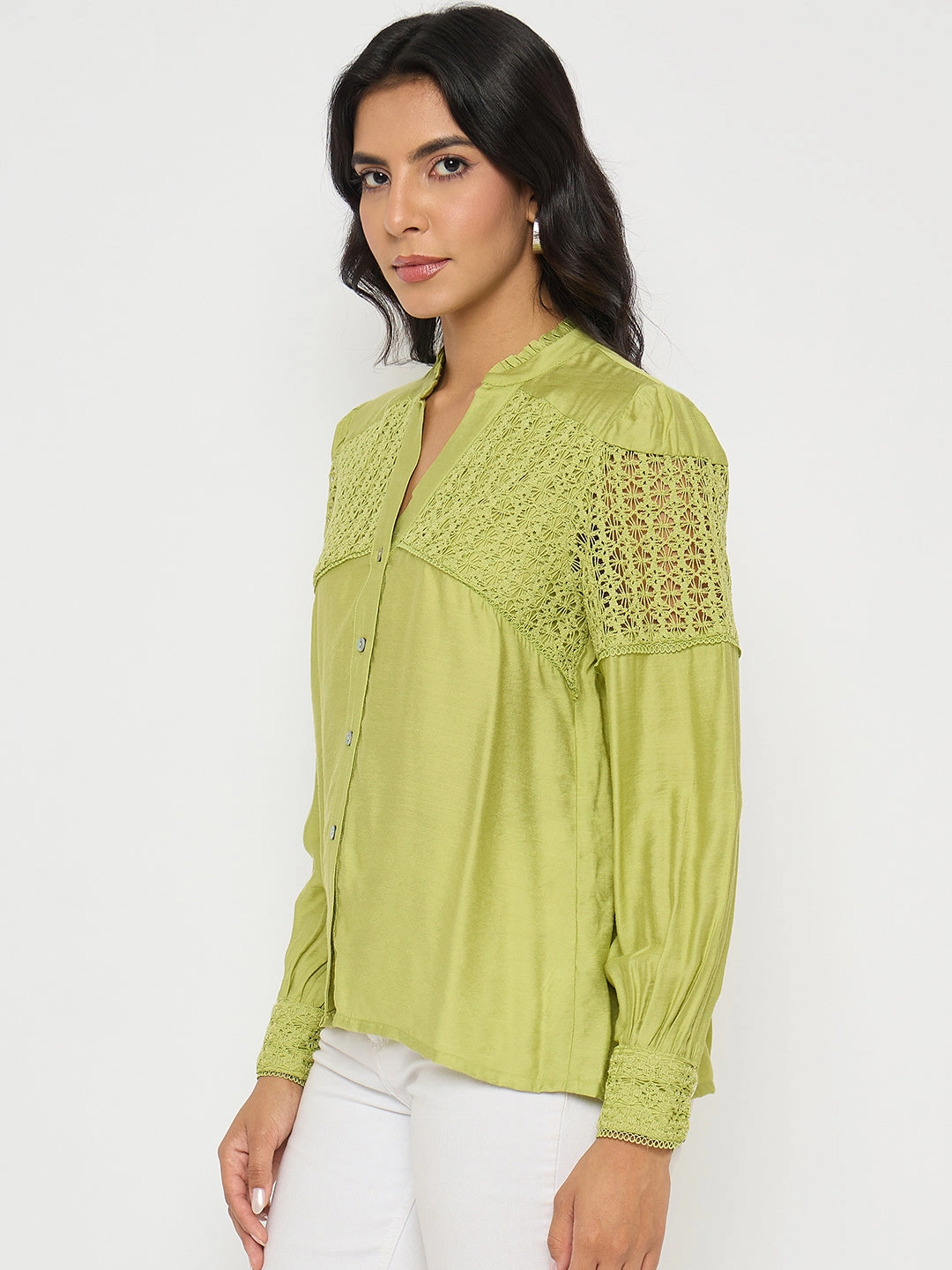 Reinforced Seam Technique Madame Lace Detailed Pleated Front Green Top