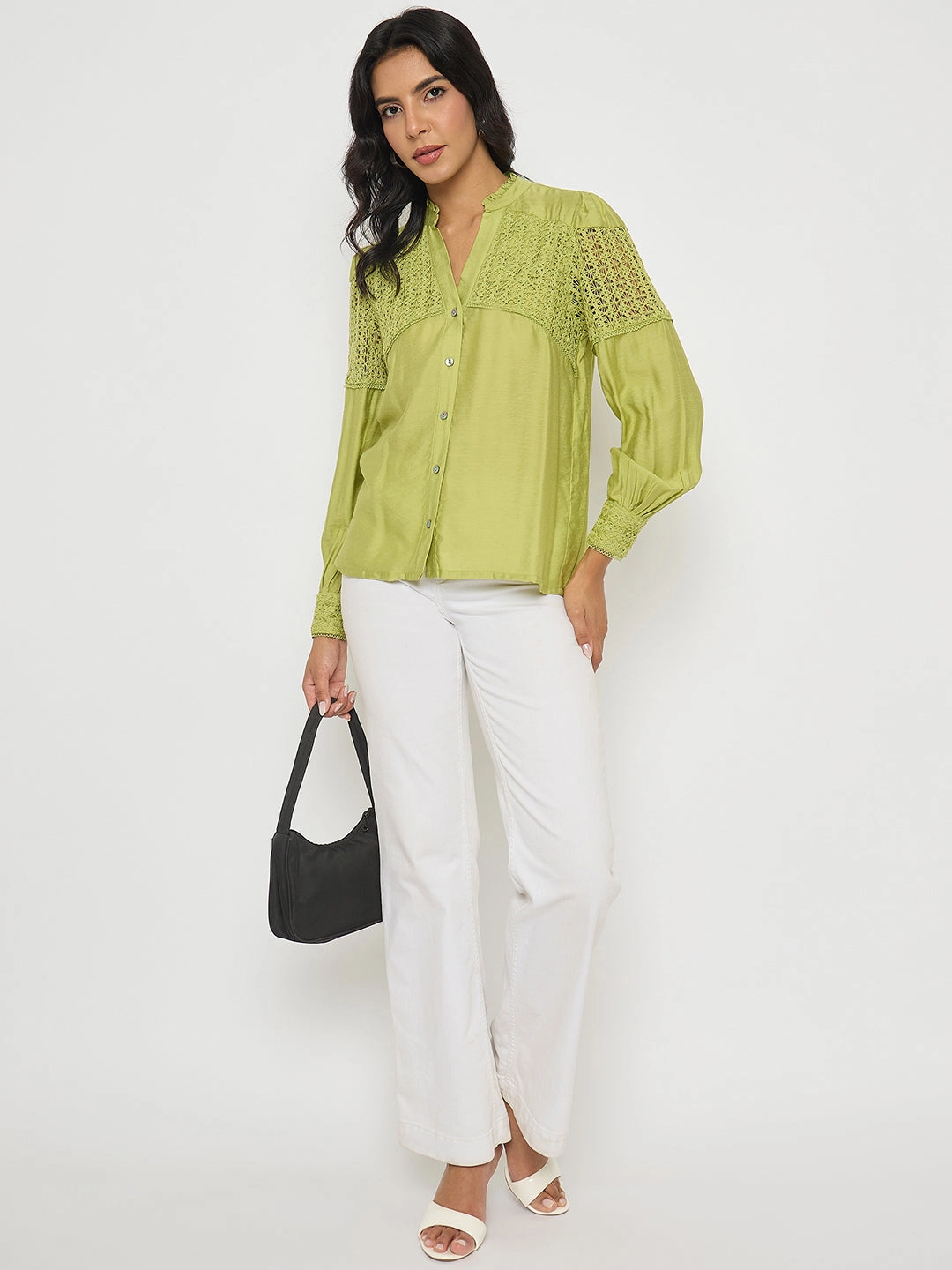 Madame Lace Detailed Pleated Front Green Top All-Purpose Wear Built In Odor Control
