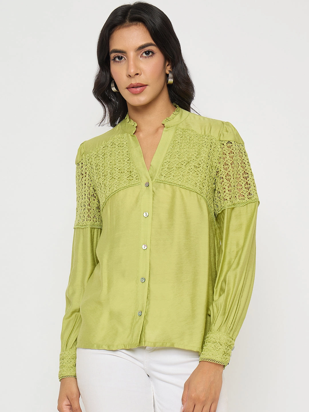 Noise Reduced Zipper Printed Blouse Madame Lace Detailed Pleated Front Green Top