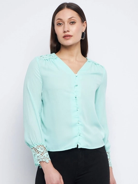 StaticResistantFabric AntiStatic Weave Madame Lace Detailed Sea Green V-Neck Shirt
