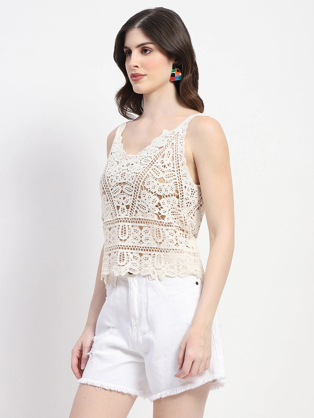 QuickDry Textile Madame Lace Detailed White Cotton Cami Crop Top