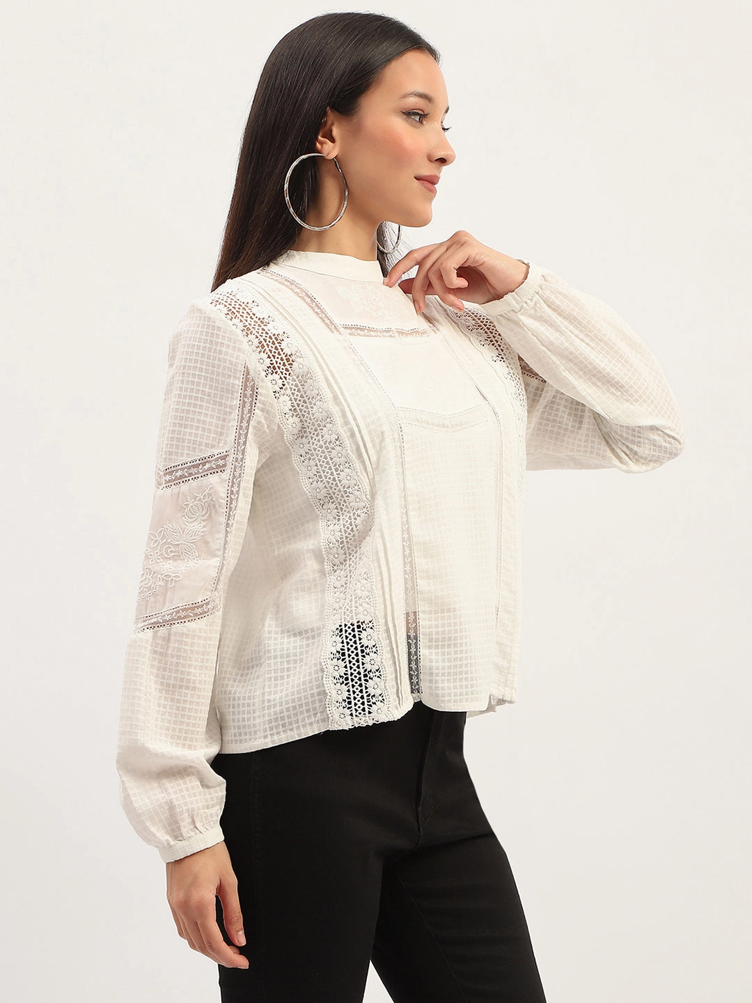 Double Layered Hem Madame Lace Detailing Solid White Top