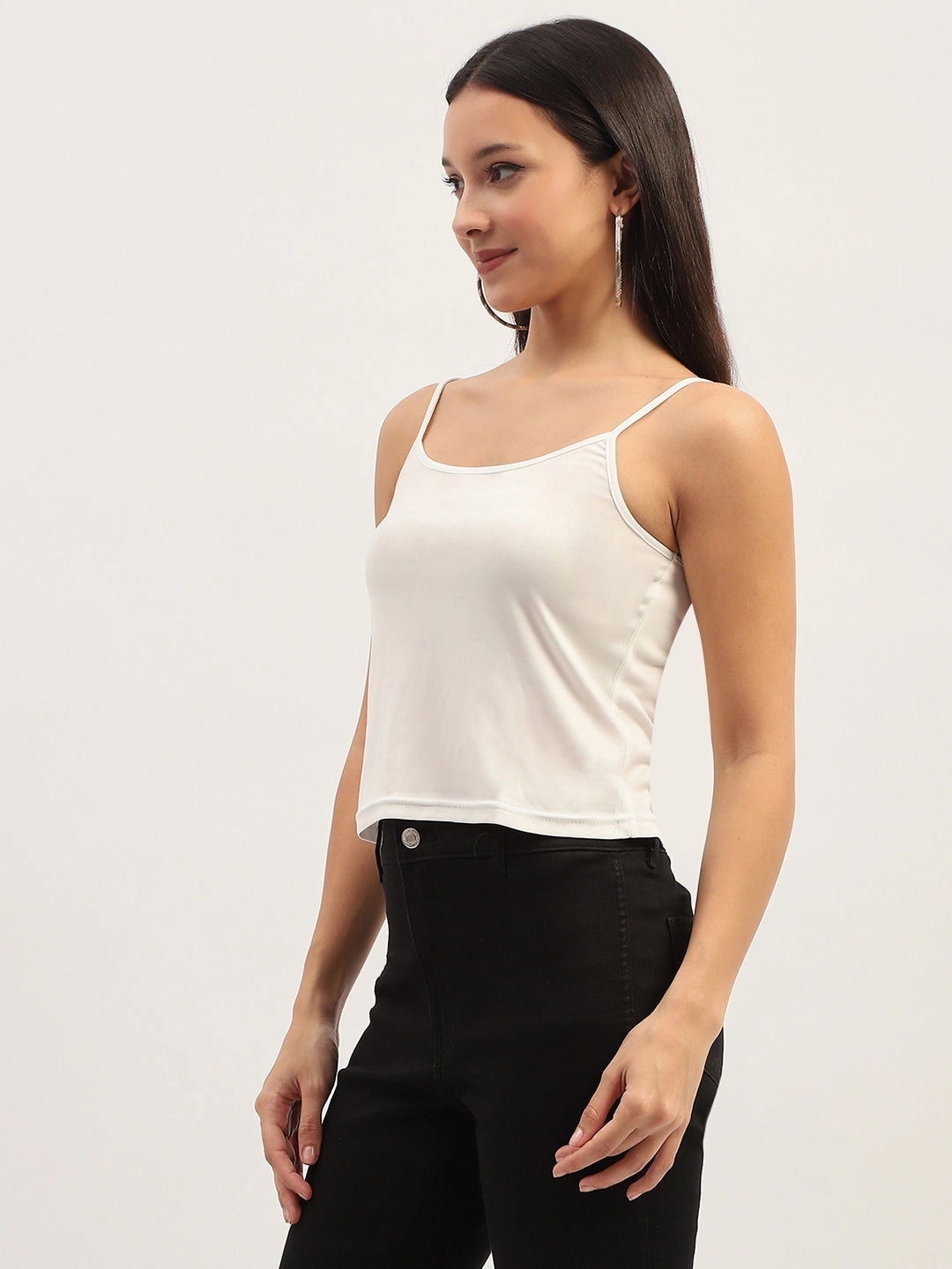 Madame Lace Detailing Solid White Top StretchFabric Flexible Waistband
