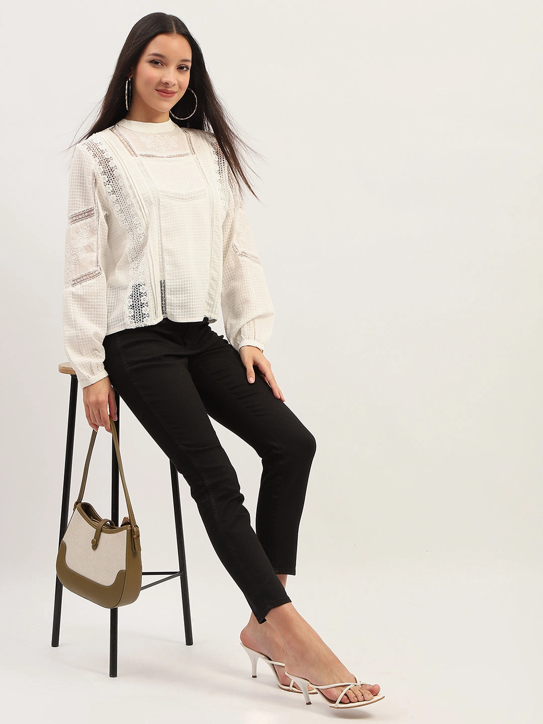 Madame Lace Detailing Solid White Top Professional Look Brushed Inner Layer