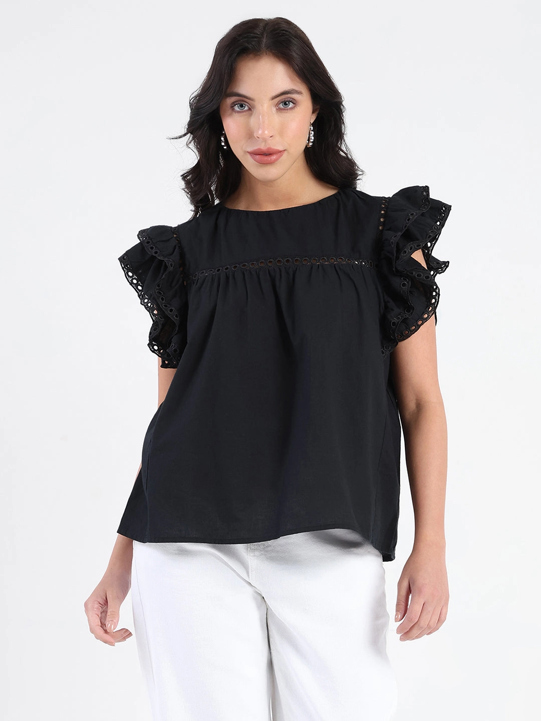 Madame Lace Inserted Black Cotton Top Breathable Lining Ribbed Trim Details