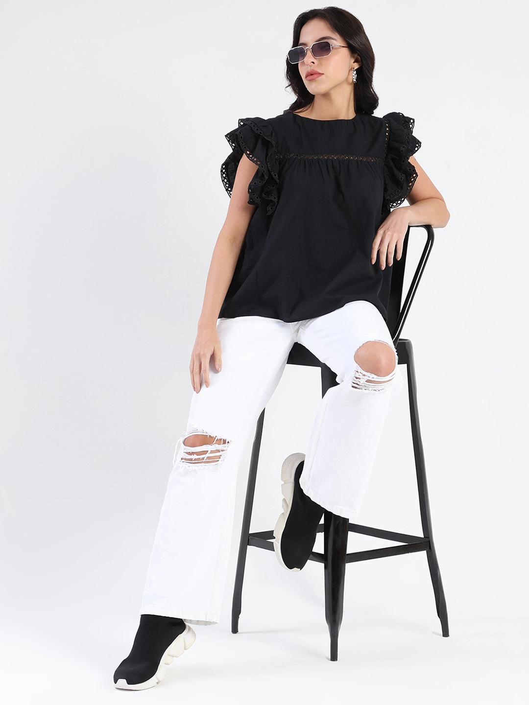SecurePockets Madame Lace Inserted Black Cotton Top