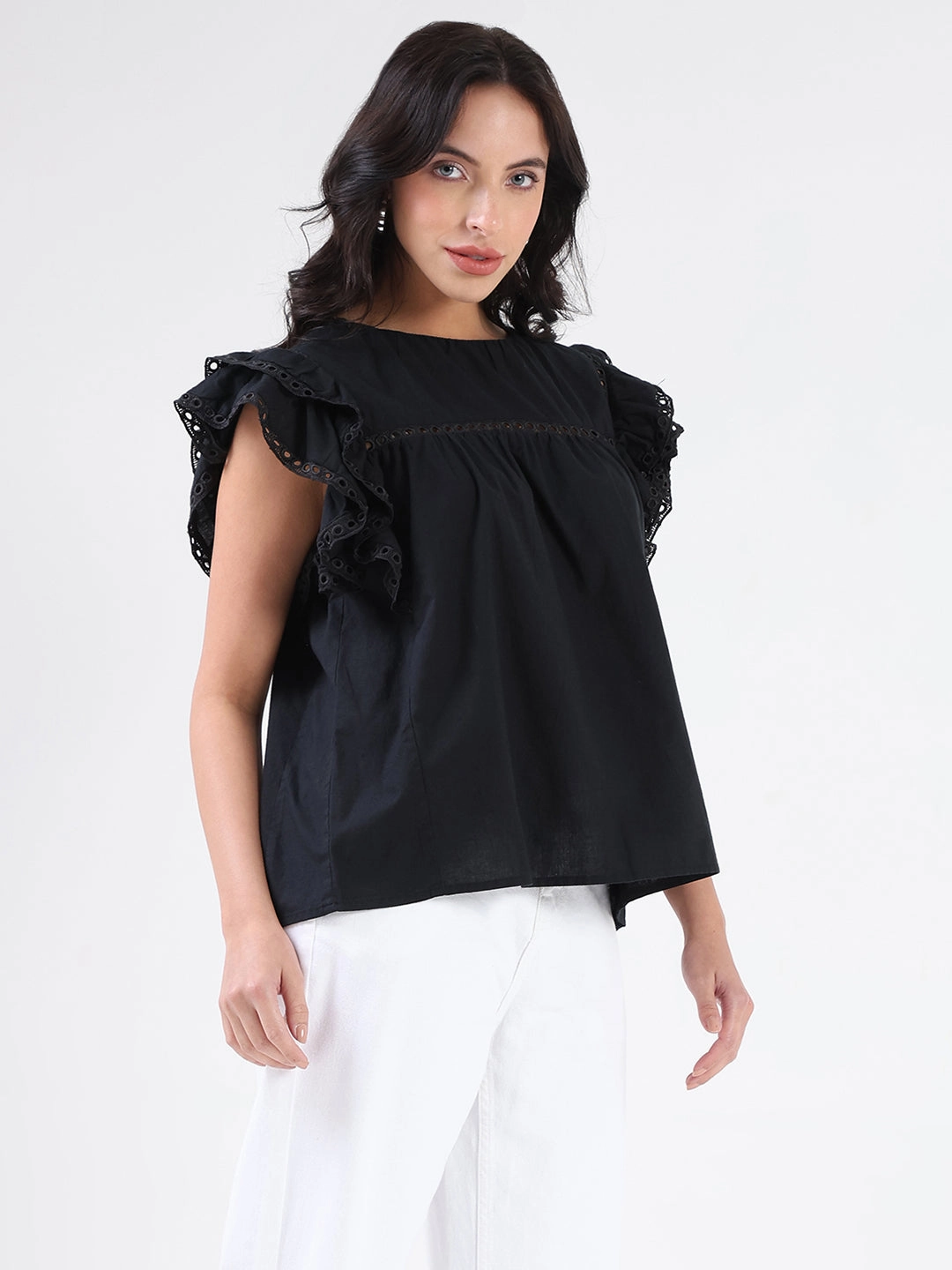 Weighted Hem Madame Lace Inserted Black Cotton Top
