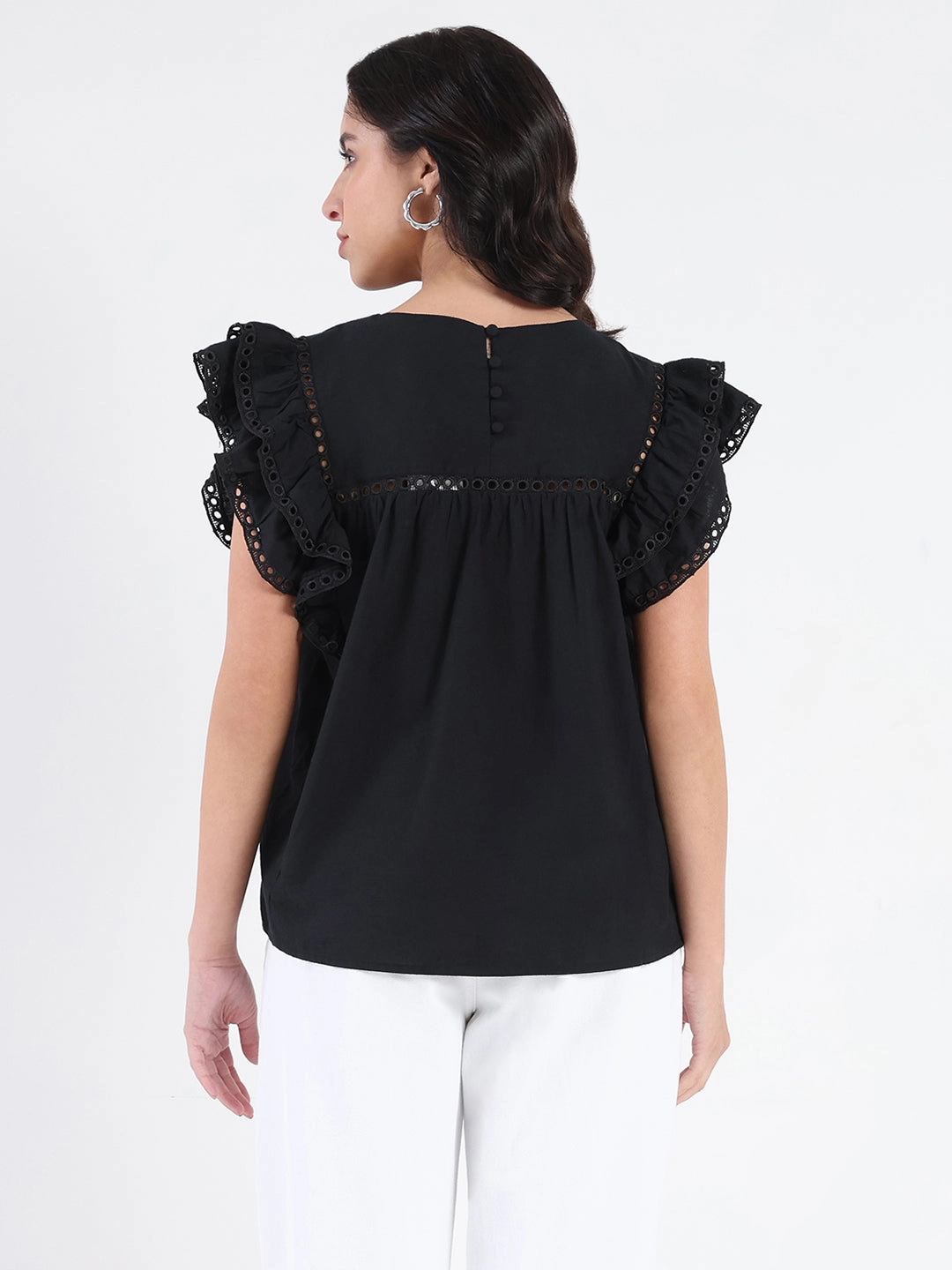 Madame Lace Inserted Black Cotton Top Comfortable Wear