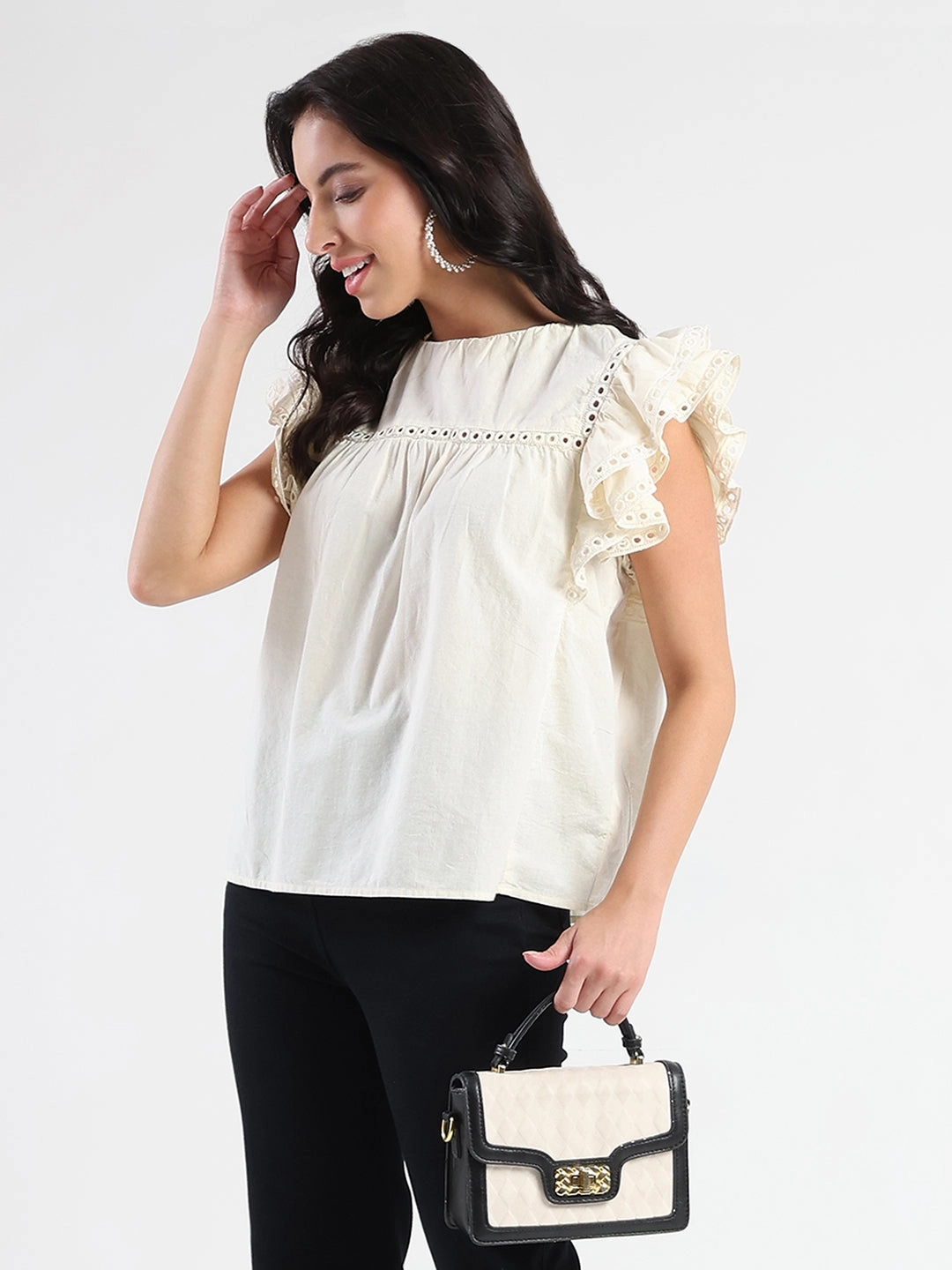 Madame Lace Inserted Off White Cotton Top Active Design