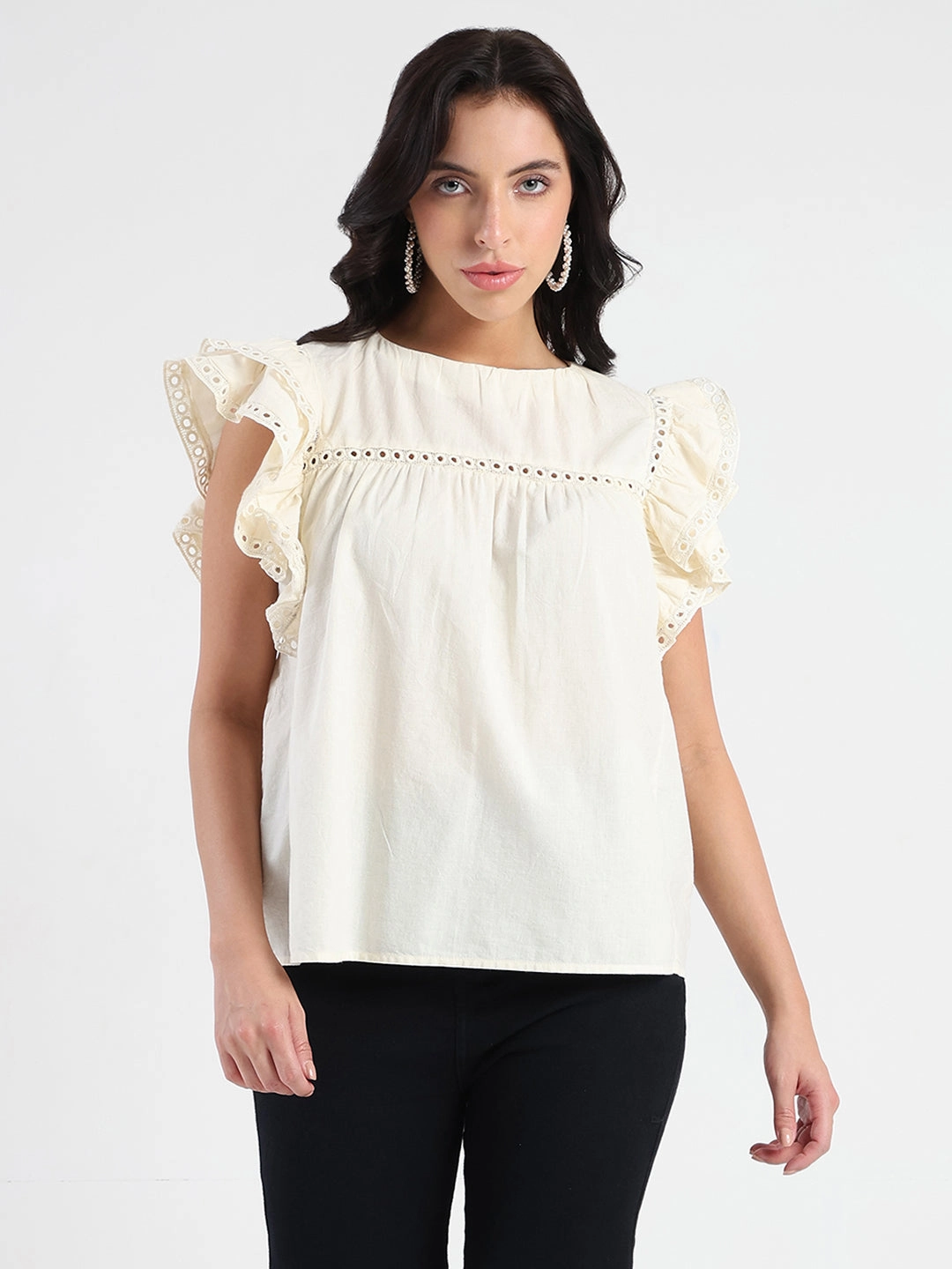 Madame Lace Inserted Off White Cotton Top Anti Fade Technology