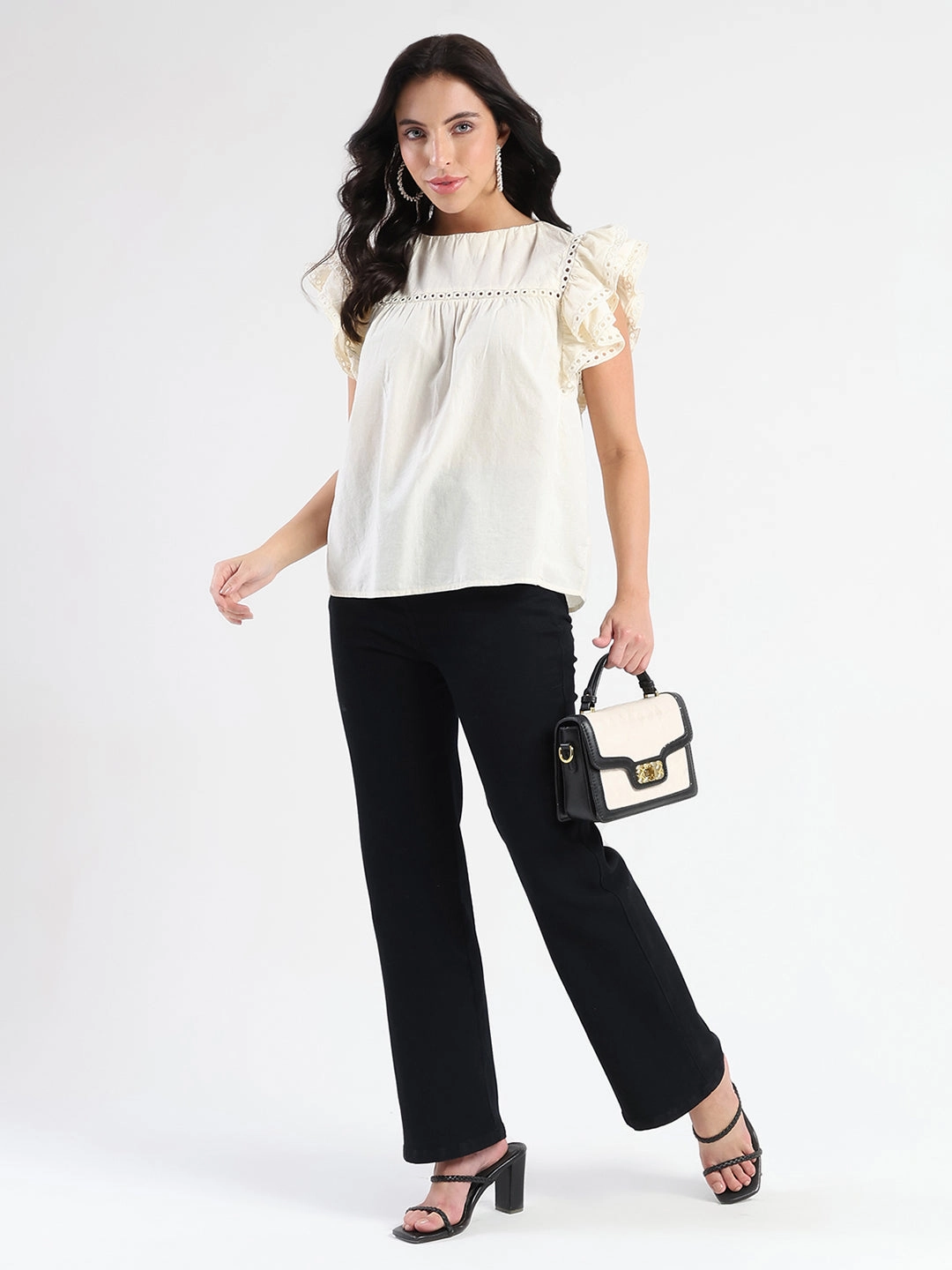 All Over Print Technique Wrinkle resistant fabric Madame Lace Inserted Off White Cotton Top