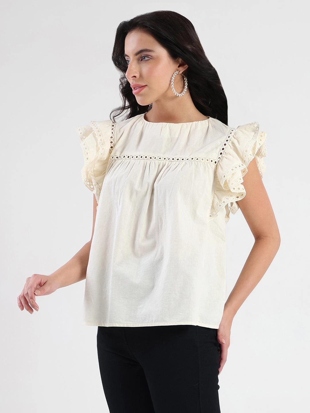 Madame Lace Inserted Off White Cotton Top StretchComfort