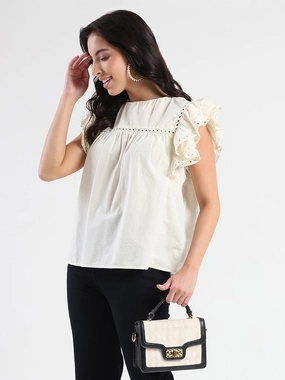 Madame Lace Inserted Off White Cotton Top Active Design