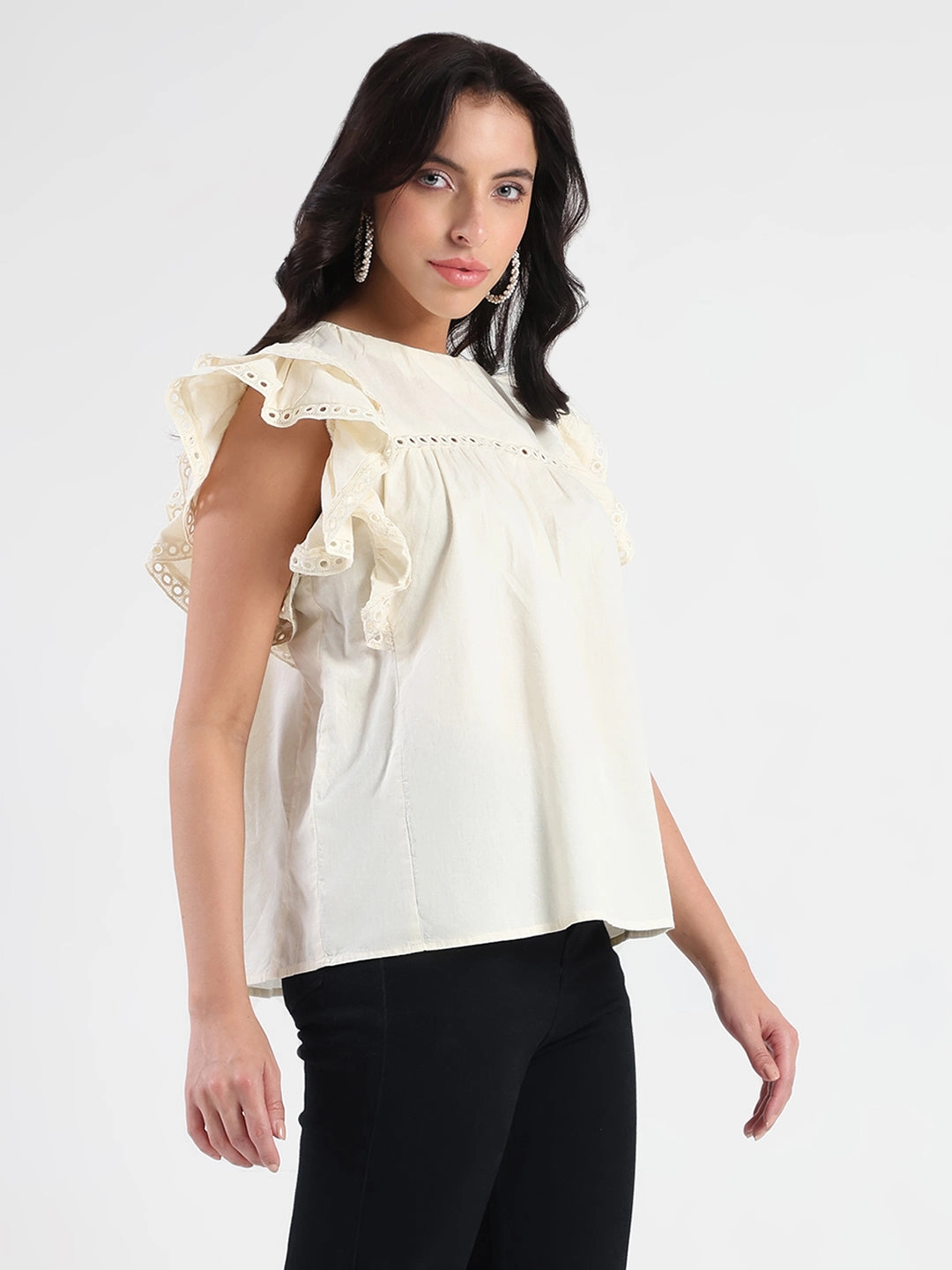 Flexible Knit Fabric Madame Lace Inserted Off White Cotton Top
